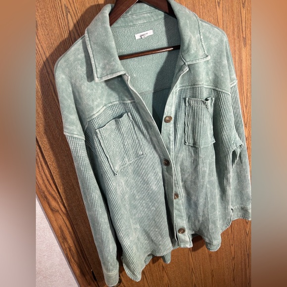 Flowy Acid Washed Waffle Knit Boho Button Up - Picture 2 of 5